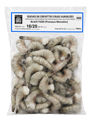 QUEUE DE CREVETTE/GAMBAS BLACK TIGER SACHET 1KG (750GR NET) Origine: Bangladesh